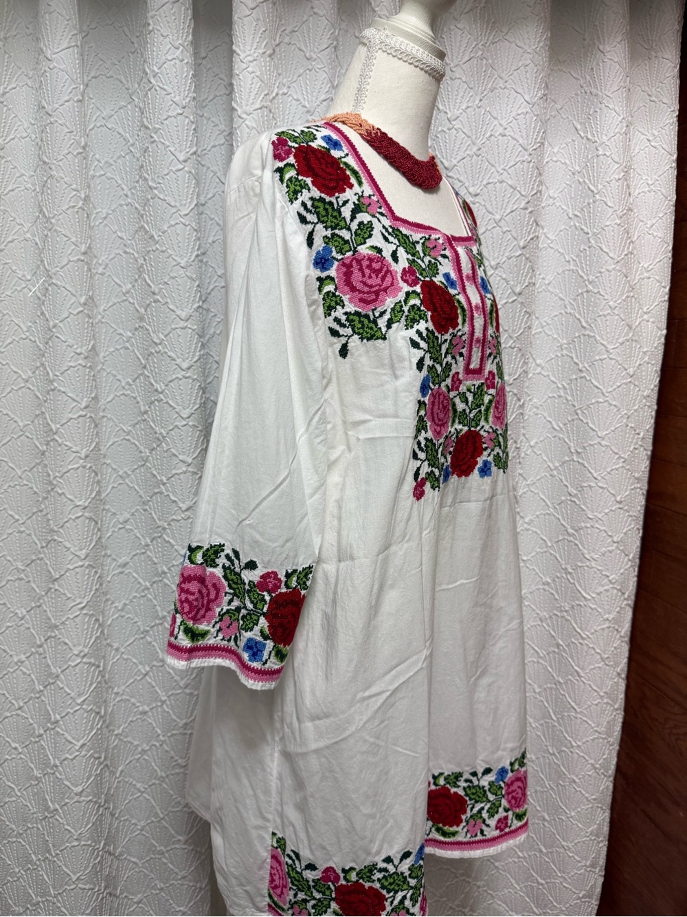 Embroidered Floral Cotton Tunic - White with Pink & Red Roses - Picture 3 of 5